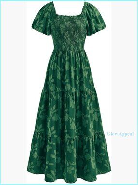 Boho Maxi Dress with Pockets, Smocked Bodice, Square Neck, Short Sleeve, Flowy